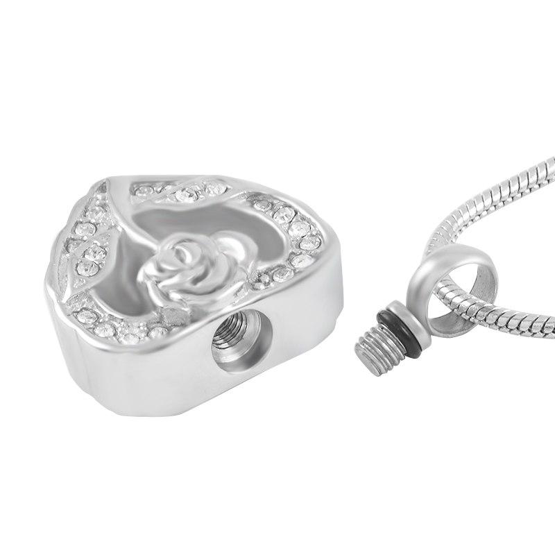 Cremation Necklace - Silver Rhinestone Heart & Rose Flower Cremation Urn Necklace