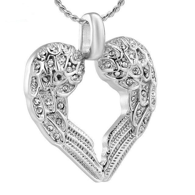 Cremation Necklace - Silver & Rhinestone Heart Shaped Angel Wings Cremation Urn Necklace