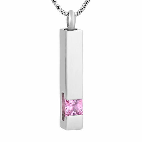 Cremation Necklace - Silver Square Column With Rhinestone Cremation Urn Necklace