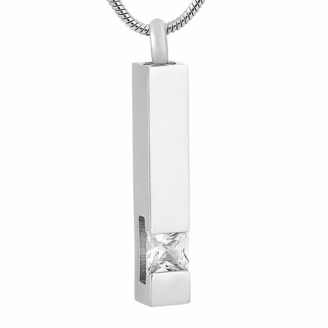 Cremation Necklace - Silver Square Column With Rhinestone Cremation Urn Necklace