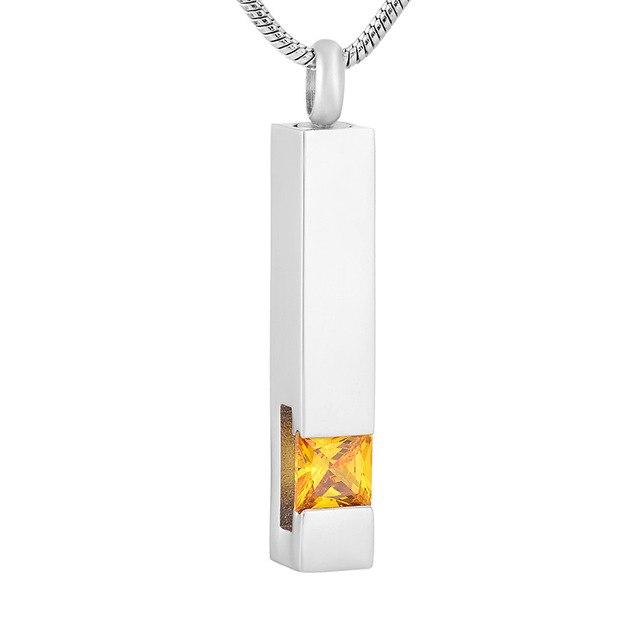 Cremation Necklace - Silver Square Column With Rhinestone Cremation Urn Necklace