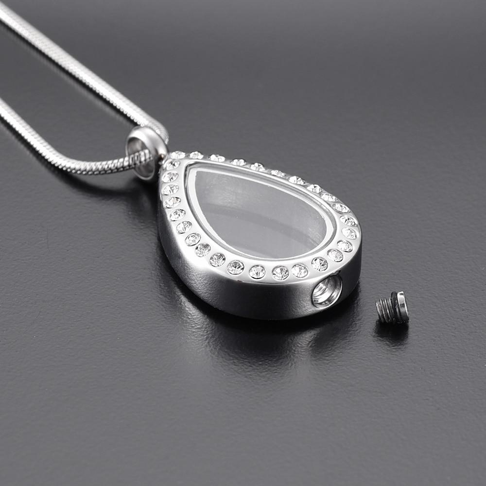 Cremation Necklace - Silver Teardrop With Rhinestones Cremation Urn Necklace