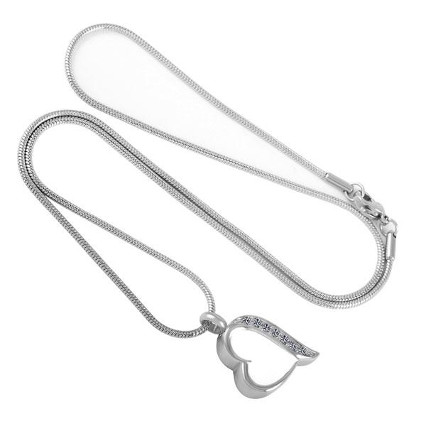 Cremation Necklace - Silver & White Heart Shaped Cremation Urn Necklace With Rhinestones