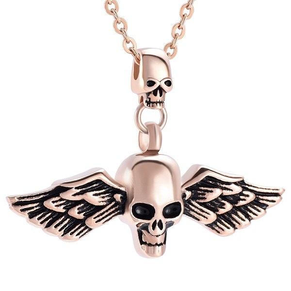 Cremation Necklace - Skull With Wings Cremation Urn Necklace