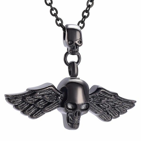 Cremation Necklace - Skull With Wings Cremation Urn Necklace