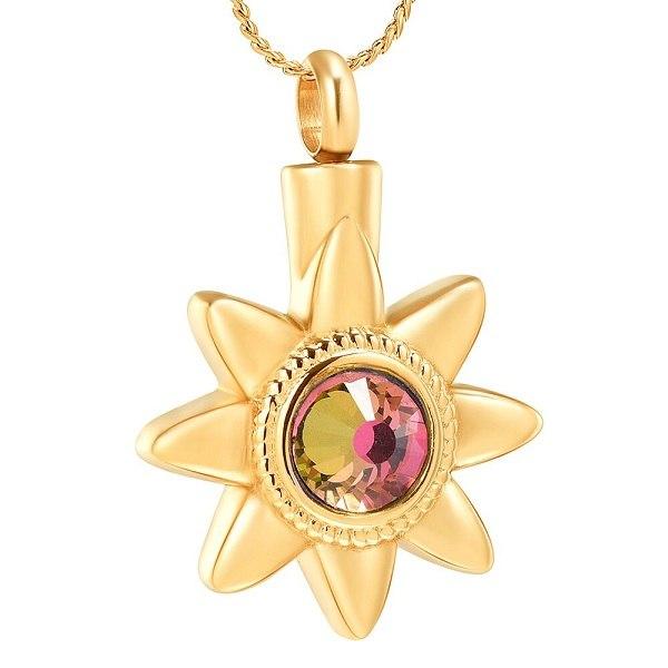Cremation Necklace - Sun Star With Rhinestone Inlay Cremation Urn Necklace