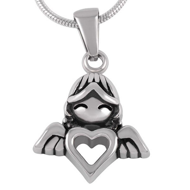 Cremation Necklace - Winged Angel Girl With Heart Cremation Urn Necklace