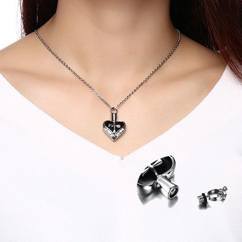 Cremation Necklace - Women's Silver Rhinestone Heart Shaped Cremation Urn Necklace With Cross