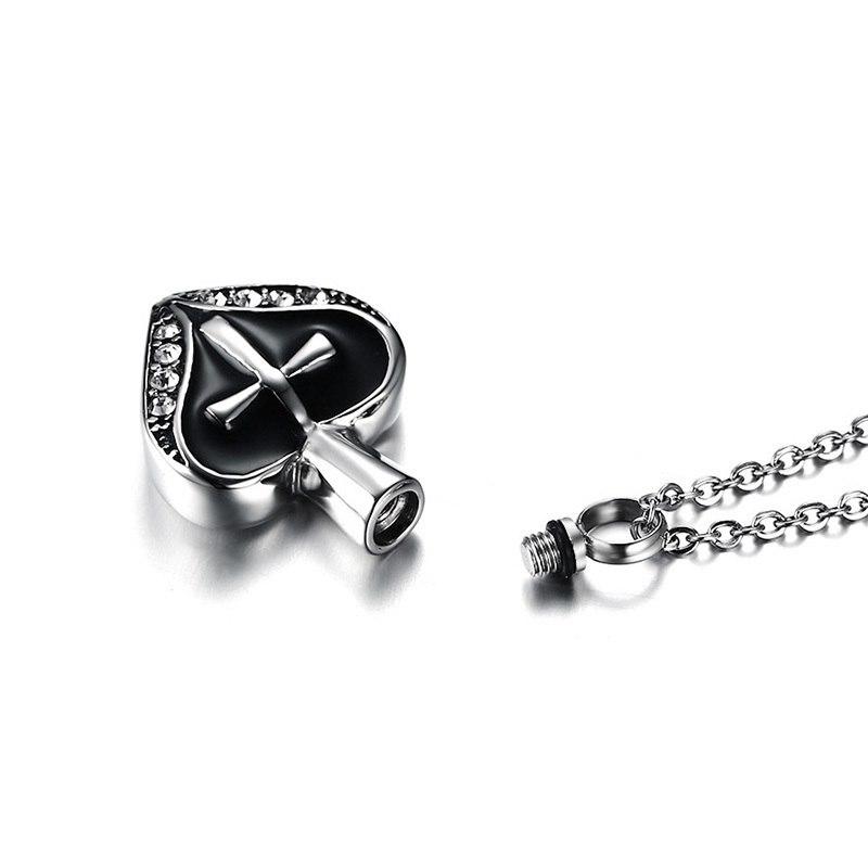Cremation Necklace - Women's Silver Rhinestone Heart Shaped Cremation Urn Necklace With Cross