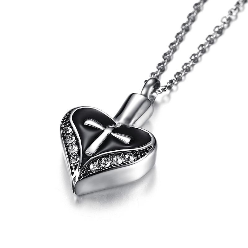 Cremation Necklace - Women's Silver Rhinestone Heart Shaped Cremation Urn Necklace With Cross