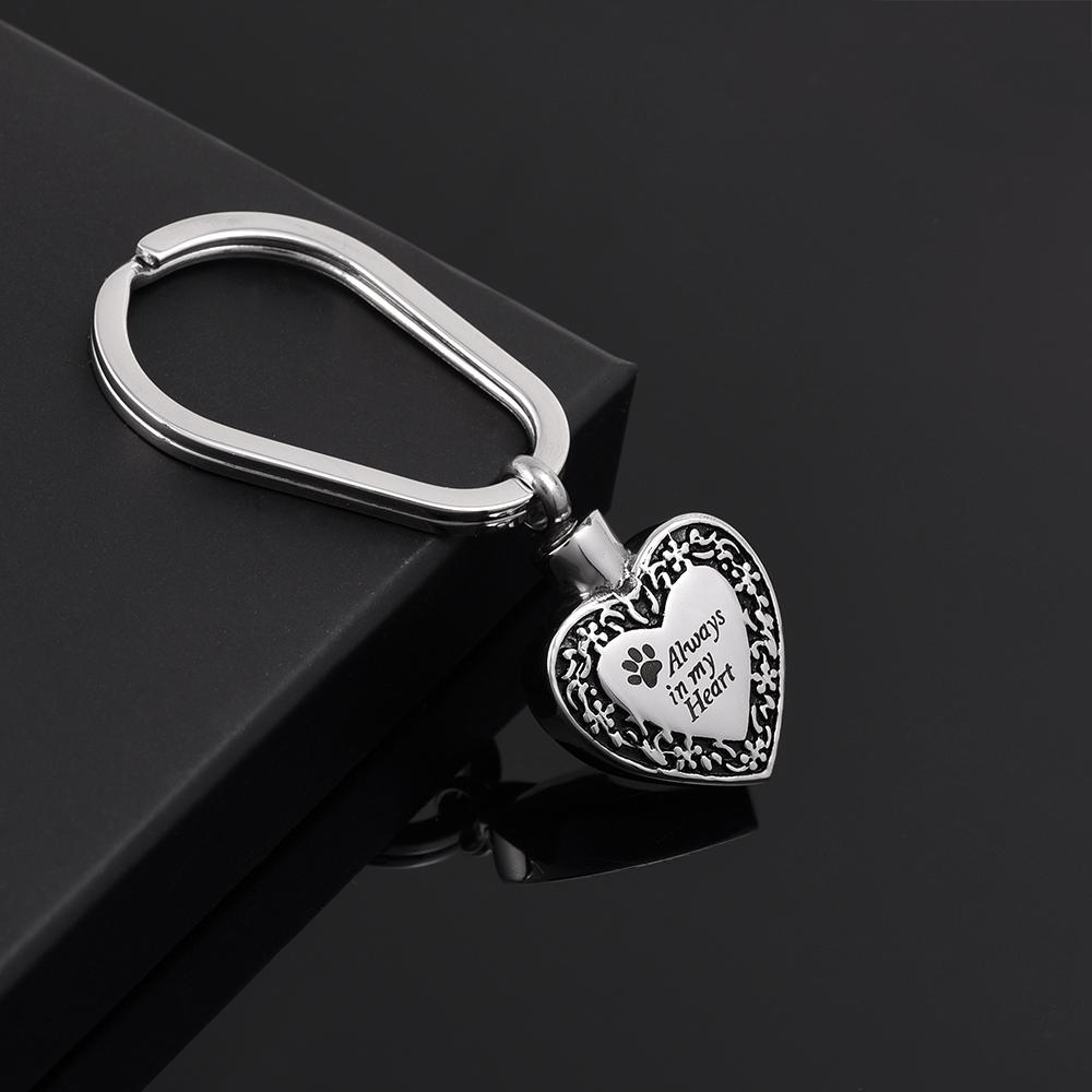 Keychain - Heart Shaped Cremation Urn Keychain With Pet Paw & "Always In My Heart"