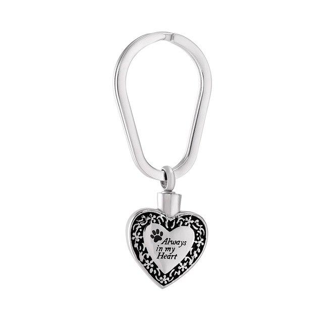 Keychain - Heart Shaped Cremation Urn Keychain With Pet Paw & "Always In My Heart"