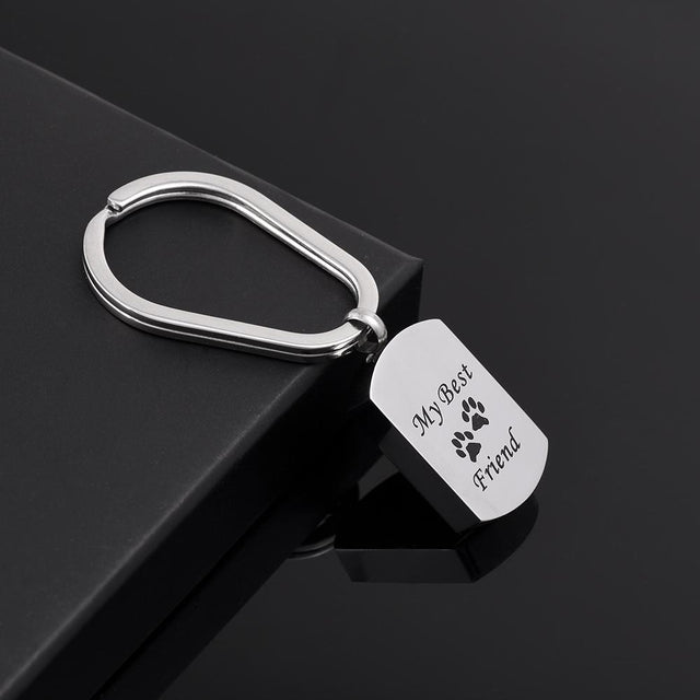 Keychain - Silver Cremation Urn Keychain Dog Tag With Pet Paw