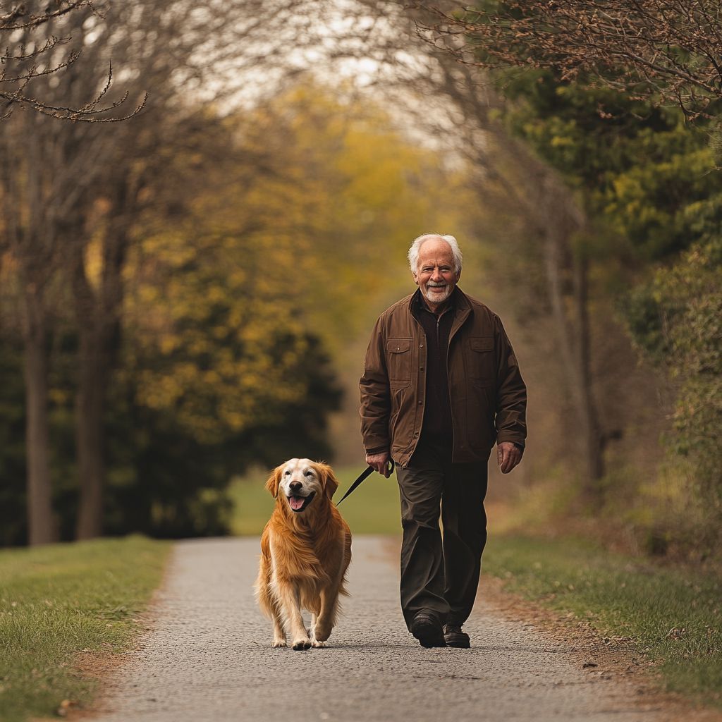 Grandpa walking with his dog Max