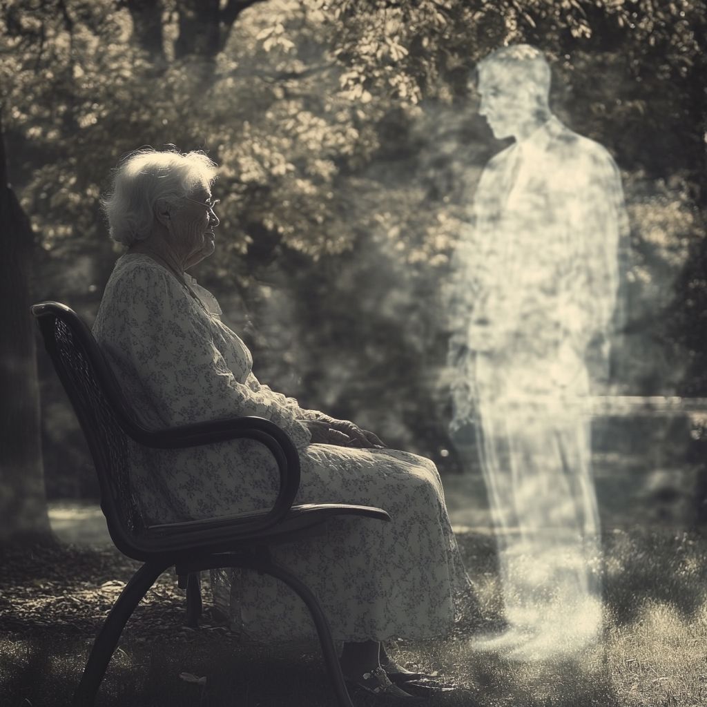 a grandma sitting on a park bench feeling the presence of her husband who had passed away and is standing in front of her as a spirit