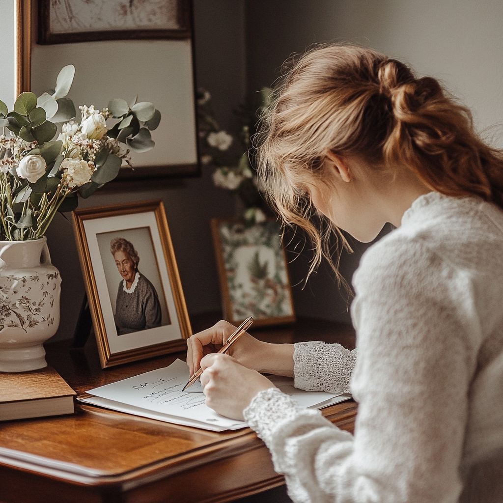 woman writing a letter to her grandmother who passed