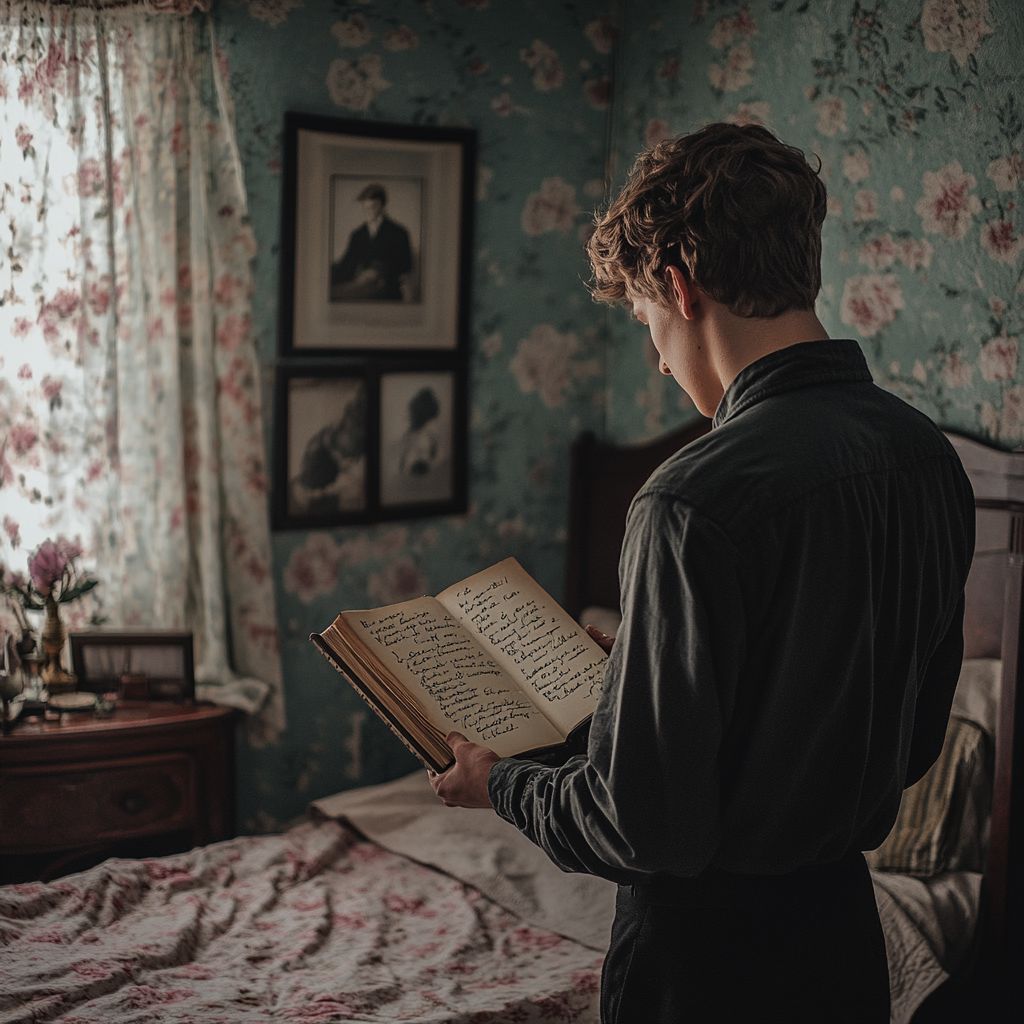 a young man looking at an old book his grandfather gave him after his grandpa passed away