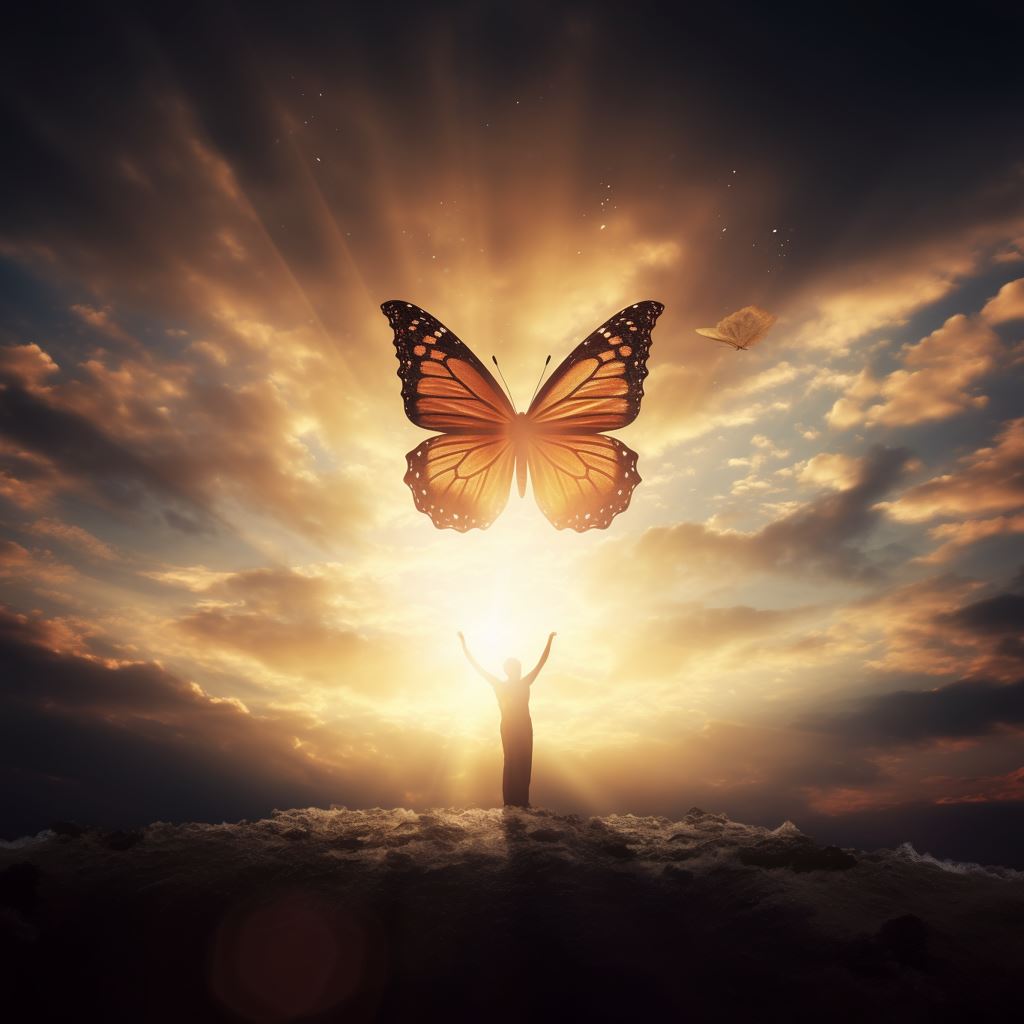 A butterfly flying above a person who is raising their arms saying goodbye to someone they love
