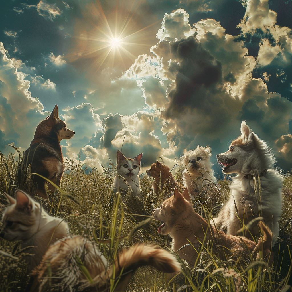 Cats and Dogs playing in a field with the sun shining in the sky