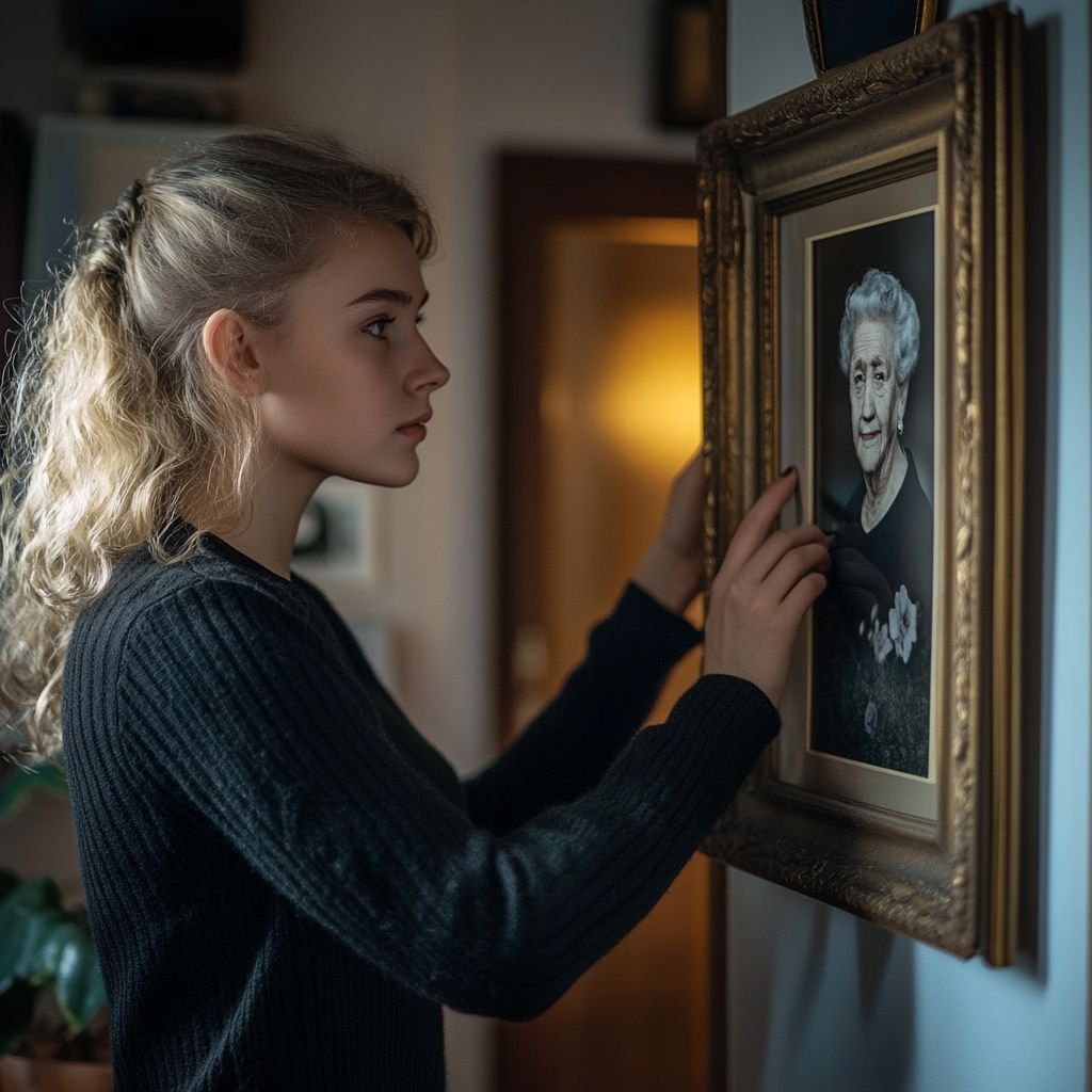 a young woman looking at a photograph of her grandmother who has passed away