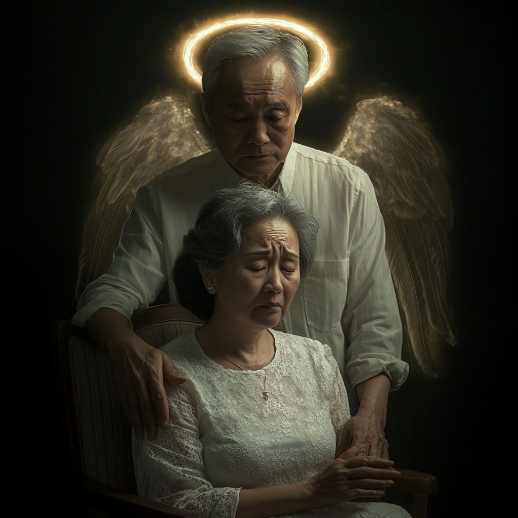 an older asian woman who is gently crying while her husband who has passed is an angel behind her comforting her