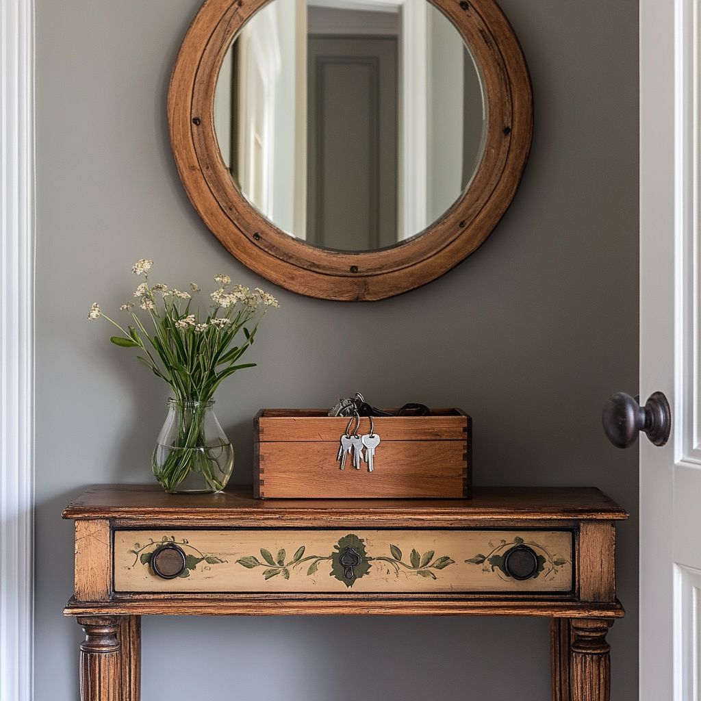 Entryway with a side table and a box holding a person's keys