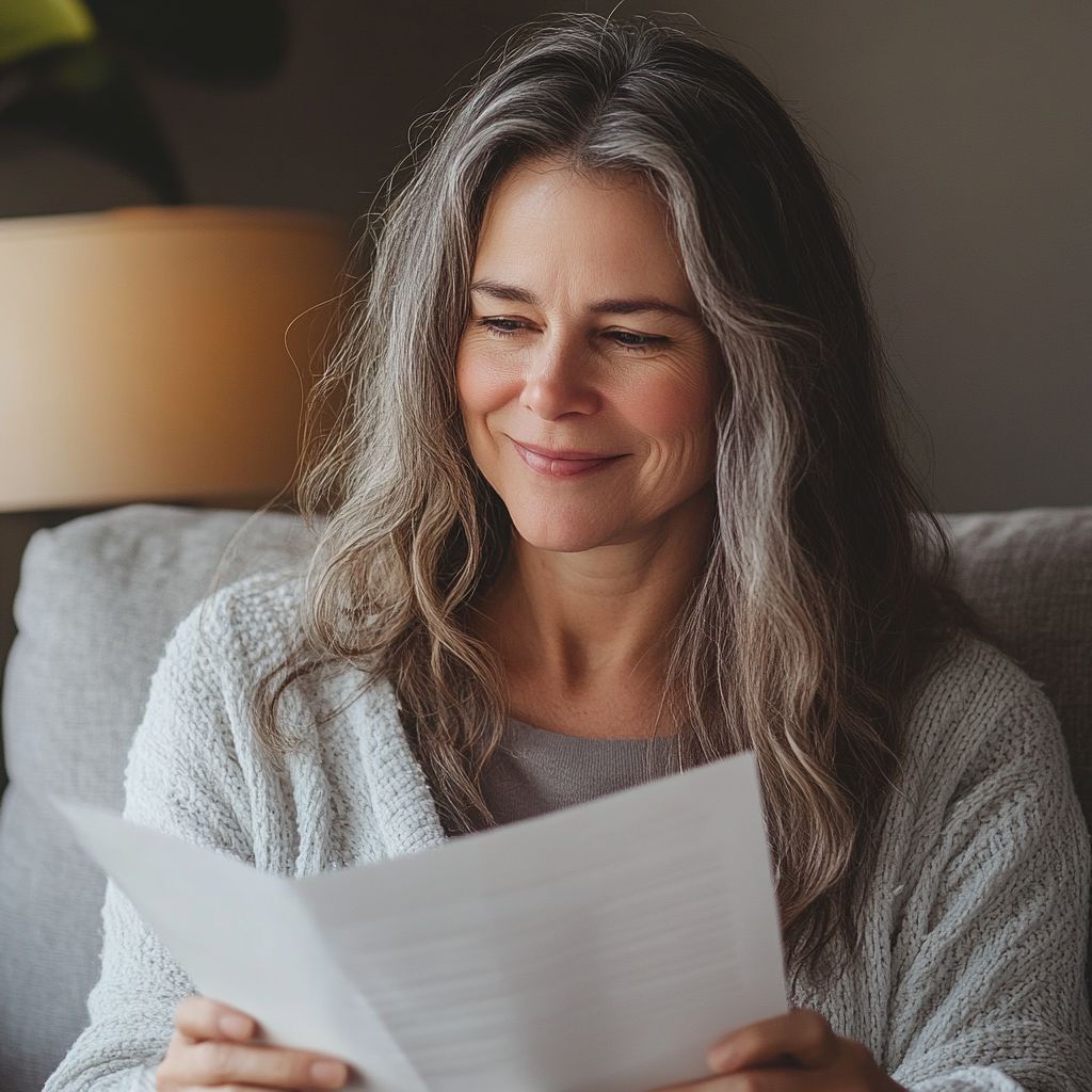 woman reading a letter written to her by her father who passed away in her living room