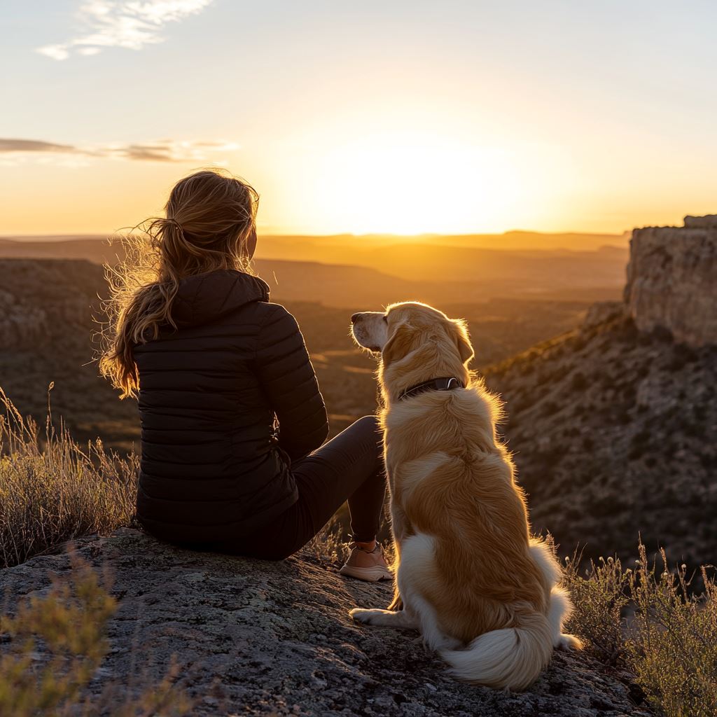 woman sitting next to her older dog that may pass away soon with a sunset in the background symbolizing the end of the dog's life