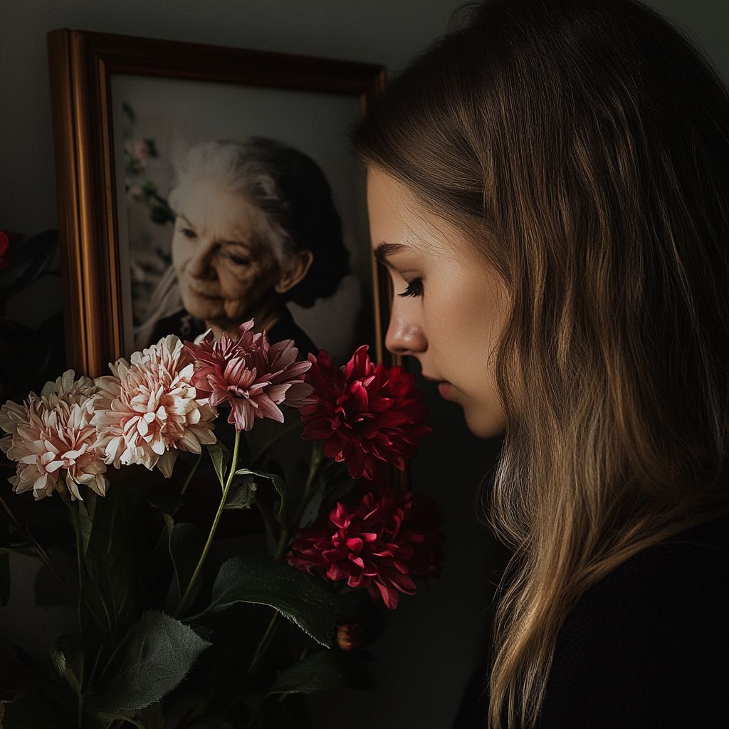 Woman smelling her grandmother's favorite flowers who recently passed away