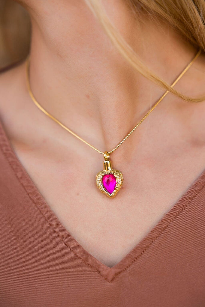 Golden Angel Wings Heart Cremation Urn Necklace With Gemstone Cremation Necklace Cherished Emblems 