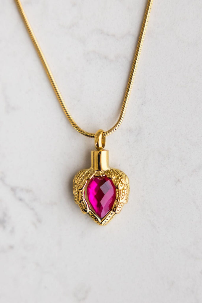 Golden Angel Wings Heart Cremation Urn Necklace With Gemstone Cremation Necklace Cherished Emblems 