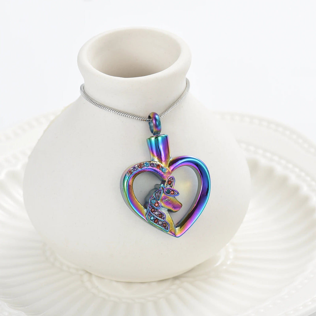 Unicorn Heart Cremation Urn Necklace with Rhinestones Cremation Necklace Cherished Emblems Colorful 