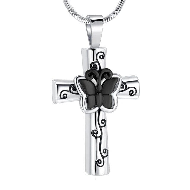 Butterfly Flower Cross Cremation Urn Necklace Cherished Emblems Black 