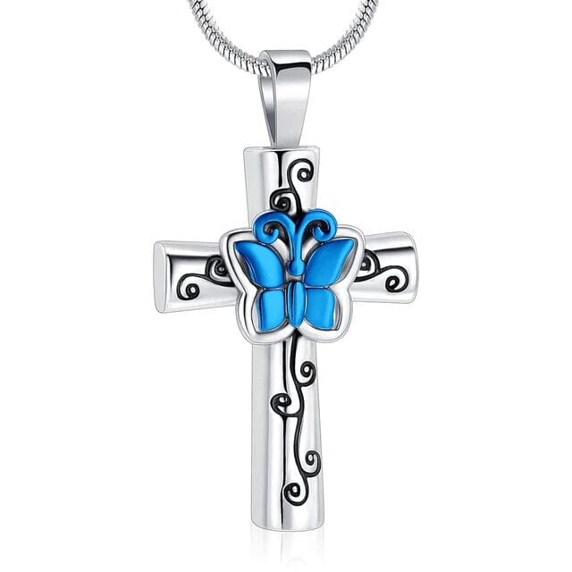 Butterfly Flower Cross Cremation Urn Necklace Cherished Emblems Blue 