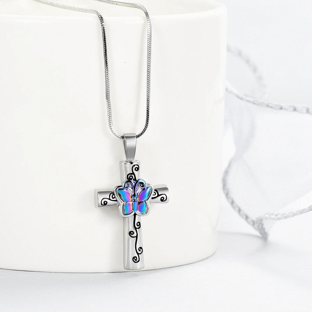 Butterfly Flower Cross Cremation Urn Necklace Cherished Emblems 