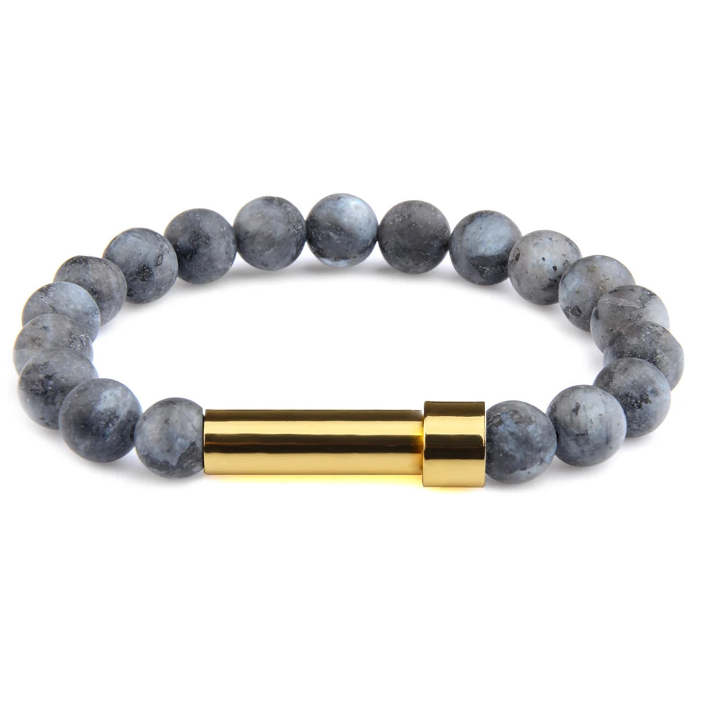 Black Flashstone natural stone cremation bracelet with gold ash chamber