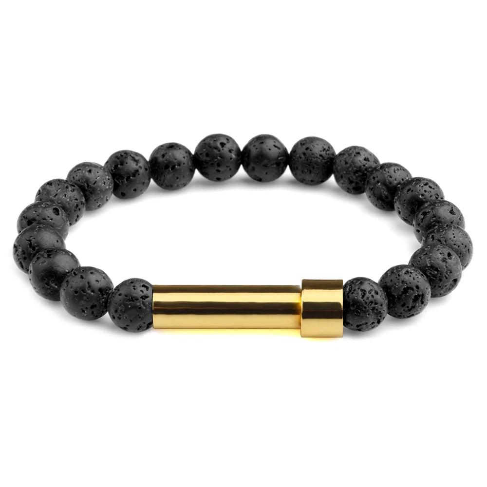 Black Lava natural stone cremation bracelet with gold ash chamber