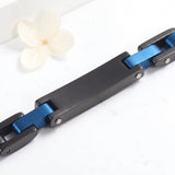 Blue stainless steel chain-link cremation bracelet, back view showing blank engraving plate for custom personalization