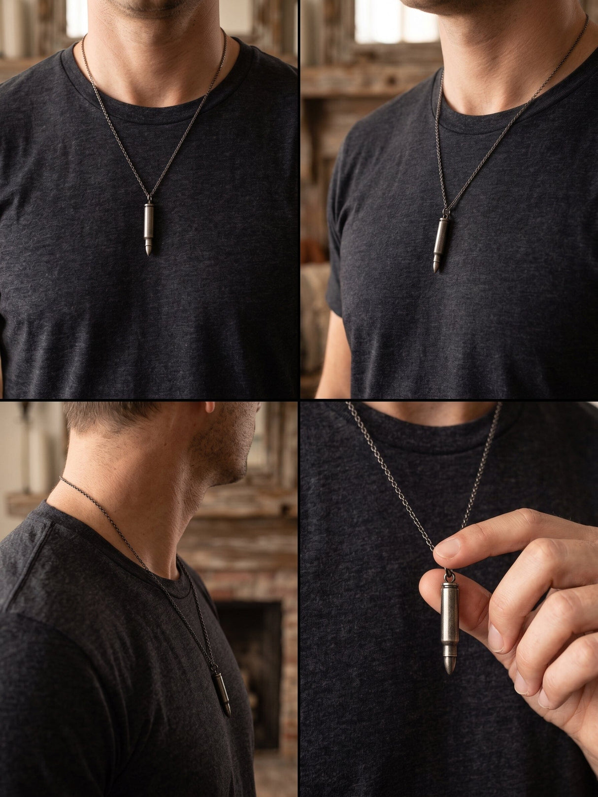 Four views of a man wearing a bullet shaped cremation urn necklace on a chain