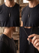 Four views of a man wearing a bullet shaped cremation urn necklace on a chain