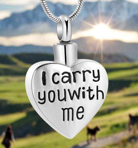 "I Carry You With Me" Heart Cremation Necklace Cremation Necklace Cherished Emblems Silver 