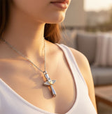 Angel Wings Cross & Heart with Rhinestones Cremation Urn Necklace