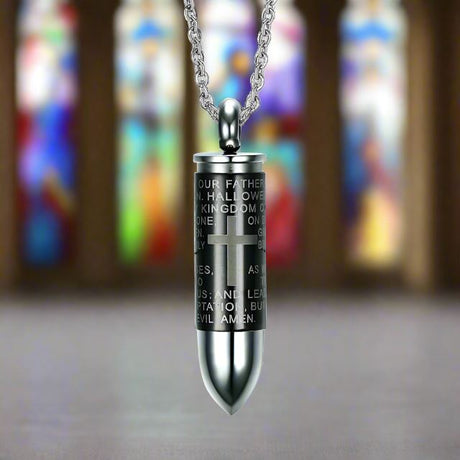 Black Bullet With Cross Lord s Prayer Cremation Urn Ash Necklace Cherished Emblems