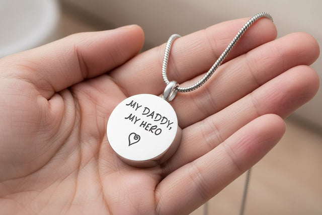 "My Daddy, My Hero" With Heart Engraved Urn Necklace Cremation Necklace Cherished Emblems Silver 
