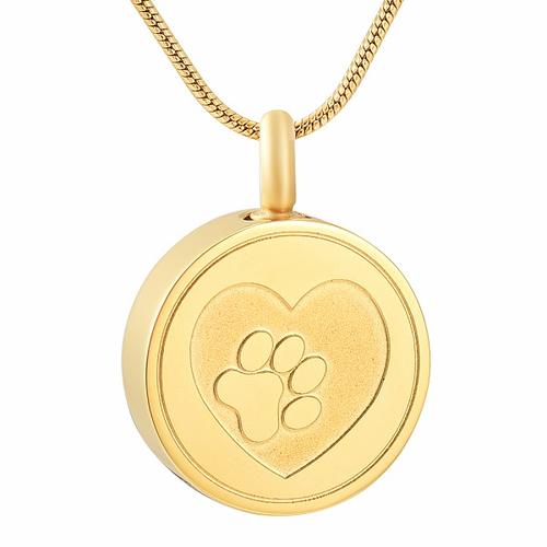 gold circle urn necklace with a paw print inside of a heart