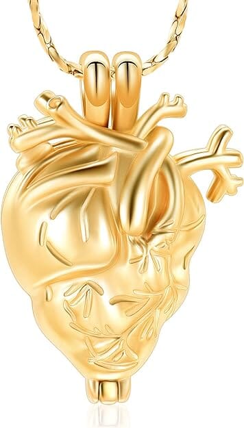 Silver Anatomical Heart Cremation Urn Necklace Cremation Necklace Cherished Emblems Gold 