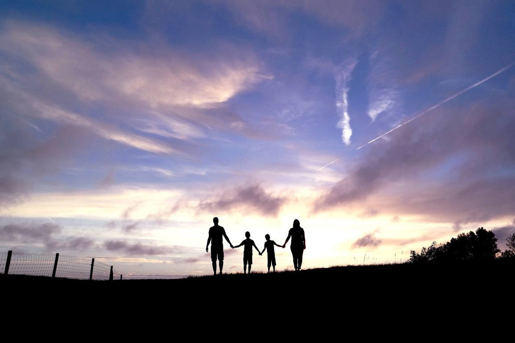 Silhouette of a family walking holding hands with a sunset behind them