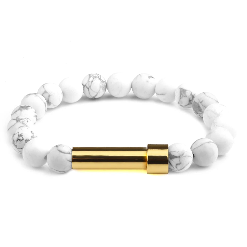 Howlite natural stone cremation bracelet with gold ash chamber