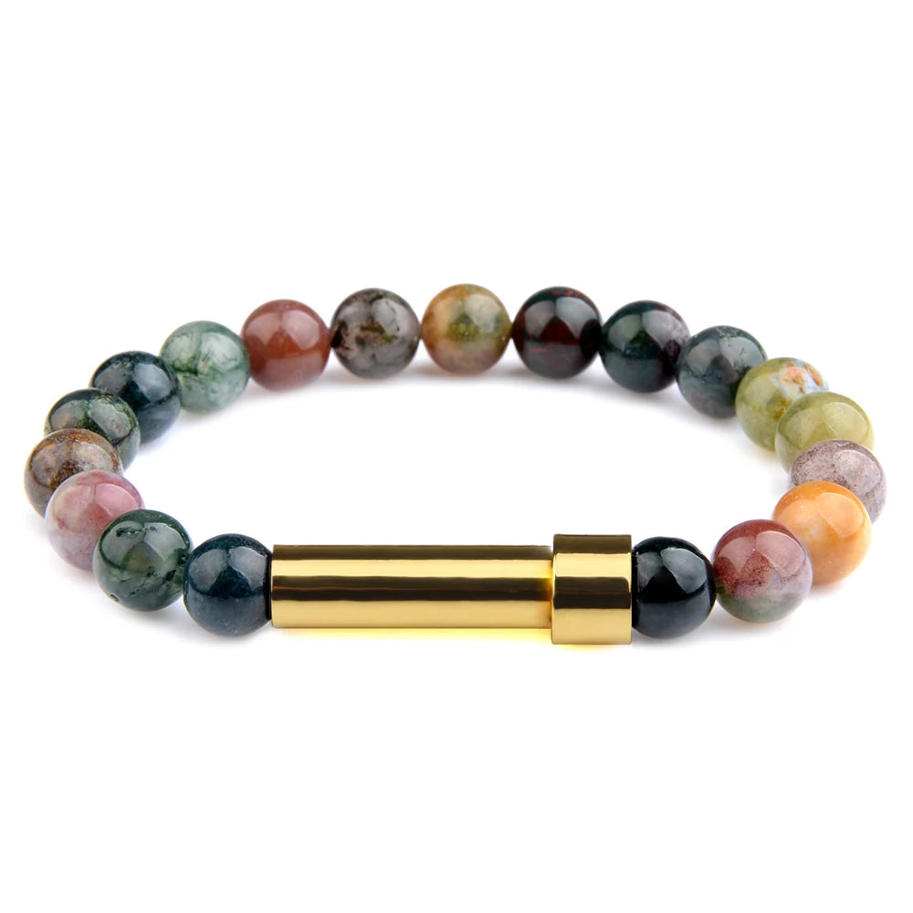 India Agate natural stone cremation bracelet with gold ash chamber