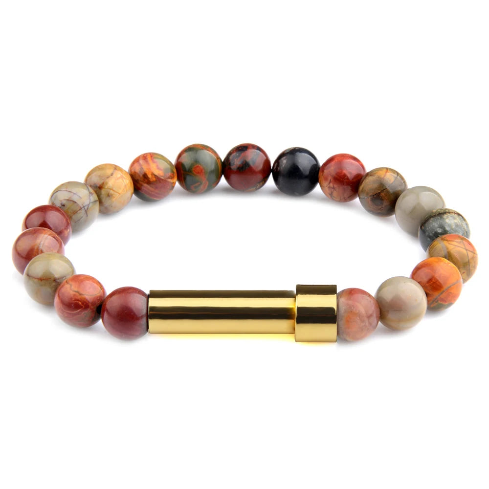 Picasso Jasper natural stone cremation bracelet with gold ash chamber